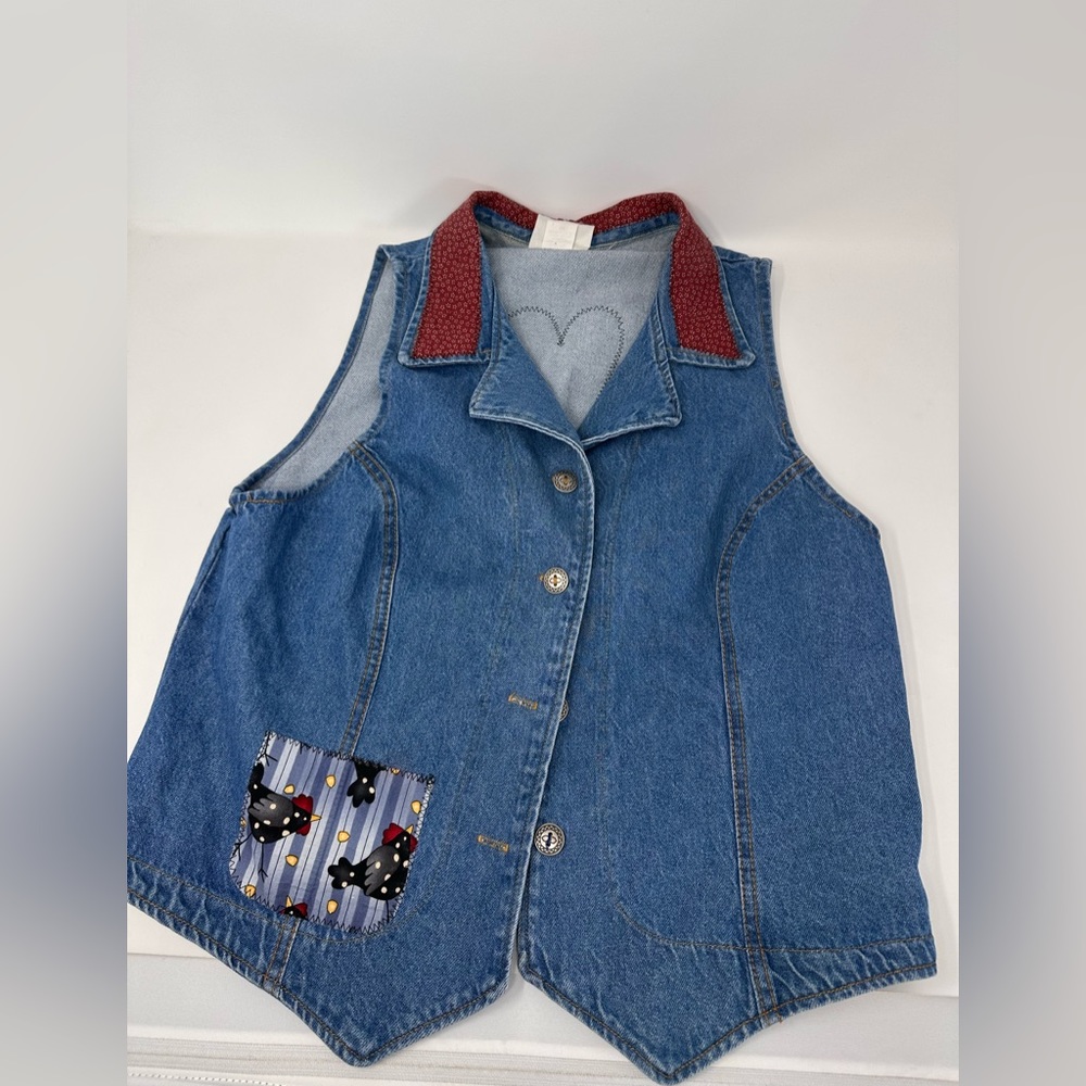 1980s denim vest granny CottageCore patchwork velvet collar accent . M